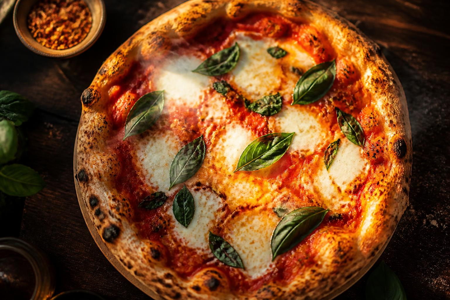 Wood-fired margherita pizza with fresh basil